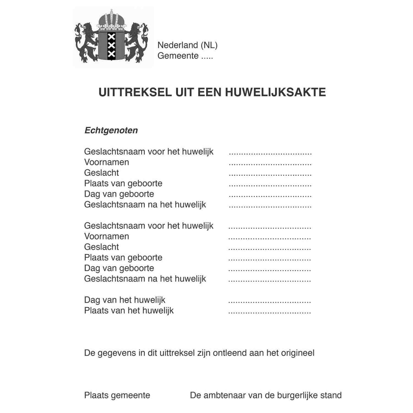 HUWELIJKSAAKTE – VERTALING